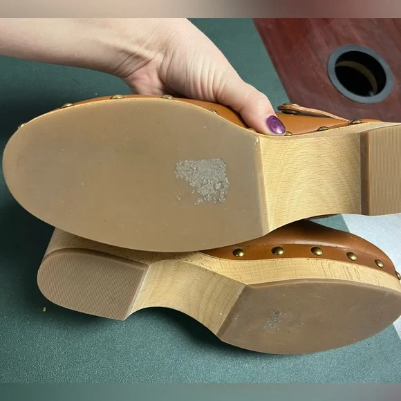 J.Crew brown leather brass stud wood platform slingback clog, size 8.5 - Picture 10 of 13